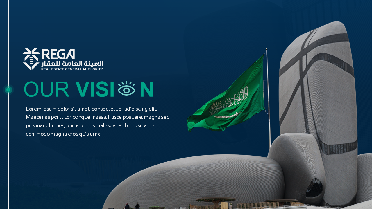 Saudi Real Estate General Authority vision slide with Saudi flag and Riyadh architecture for corporate presentation design